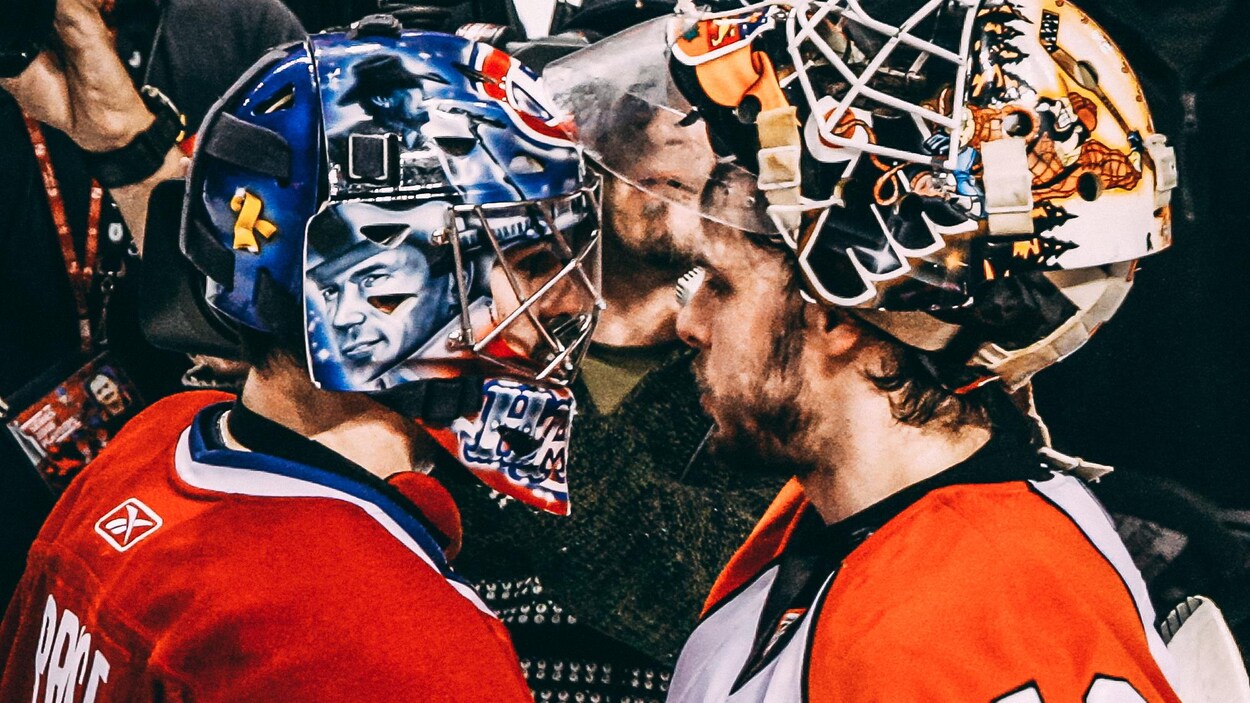 Martin Biron et Carey Price se serrent la main après l'élimination du Canadien par les Flyers, le 3 mai 2008, au Centre Bell. Martin Biron et Carey Price se serrent la main après l'élimination du Canadien par les Flyers, le 3 mai 2008, au Centre Bell.