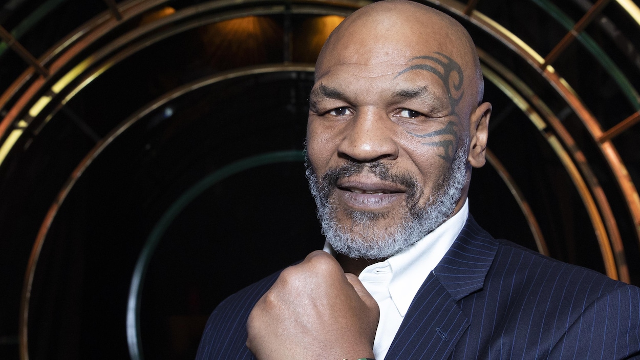 Mike Tyson barbu, poing gauche levé