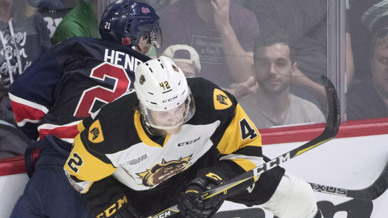 Un joueur d'une équipe de la OHL met en échec un adversaire.