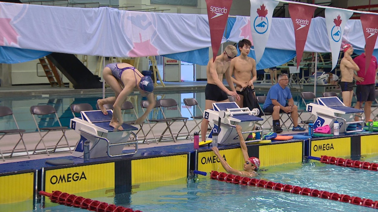 Une nageuse s'apprête à plonger lors d'un entraînement à la piscine du Centre sportif Kinsmen d'Edmonton. Une nageuse s'apprête à plonger lors d'un entraînement à la piscine du Centre sportif Kinsmen d'Edmonton.