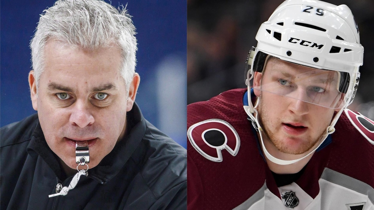 L'entraîneur adjoint du Canadien Dominique Ducharme, sifflet à la bouche, et Nathan Mackinnon de l'Avalanche du Colorado sur le point de prendre une mise au jeu
