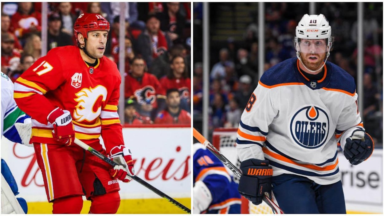 Montage photo, à gauche, Milan Lucic tente de bloquer la vue du gardien des Canucks durant un match, à droite, James Neal célèbre après avoir marqué un but.