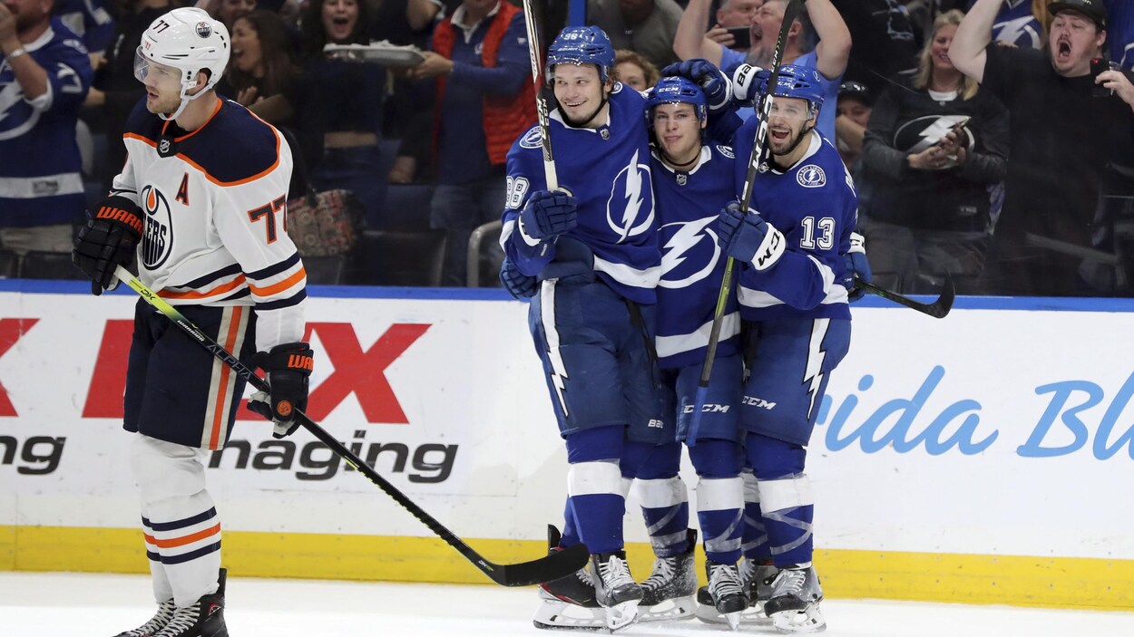 Oscar Klefbom, Mikhail Sergachev, Yanni Gourde et Cédric Paquette