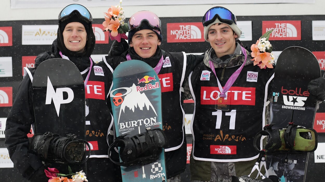Maxence Parrot (à gauche) et Mark McMorris (au centre) sur le podium de la Coupe du monde de Pyeongchang, le 26 novembre 2016 Maxence Parrot (à gauche) et Mark McMorris (au centre) sur le podium de la Coupe du monde de Pyeongchang, le 26 novembre 2016