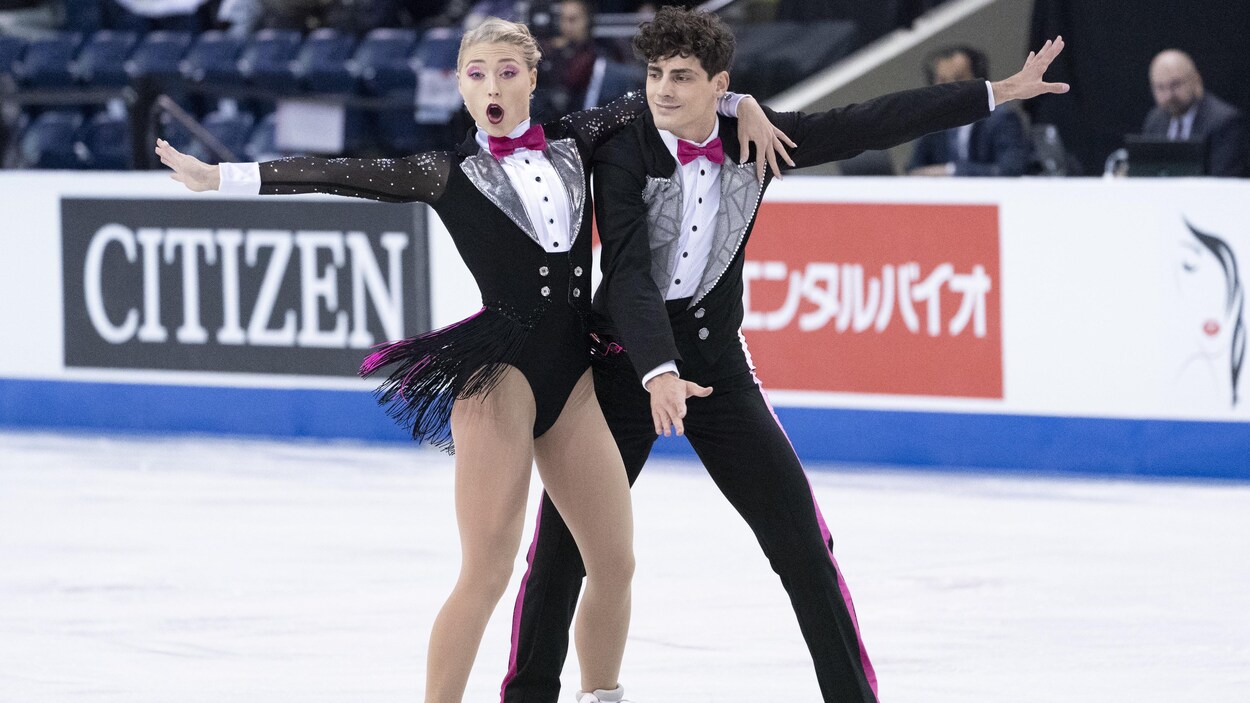 Ils patinent pendant leur danse rythmique.