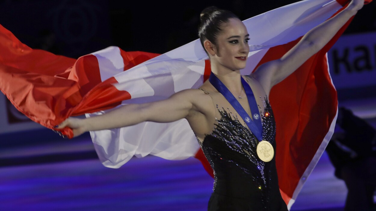 La Canadienne Kaetlyn Osmond célèbre sa victoire aux Championnats du monde de patinage artistique.