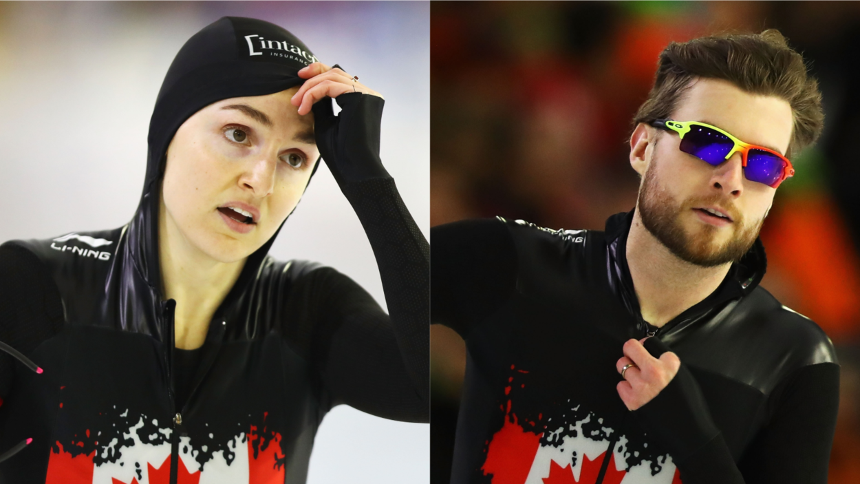Heather McLean (à gauche) et Laurent Dubreuil en action aux mondiaux de sprint sur longue piste à Heerenveen, aux Pays-Bas.