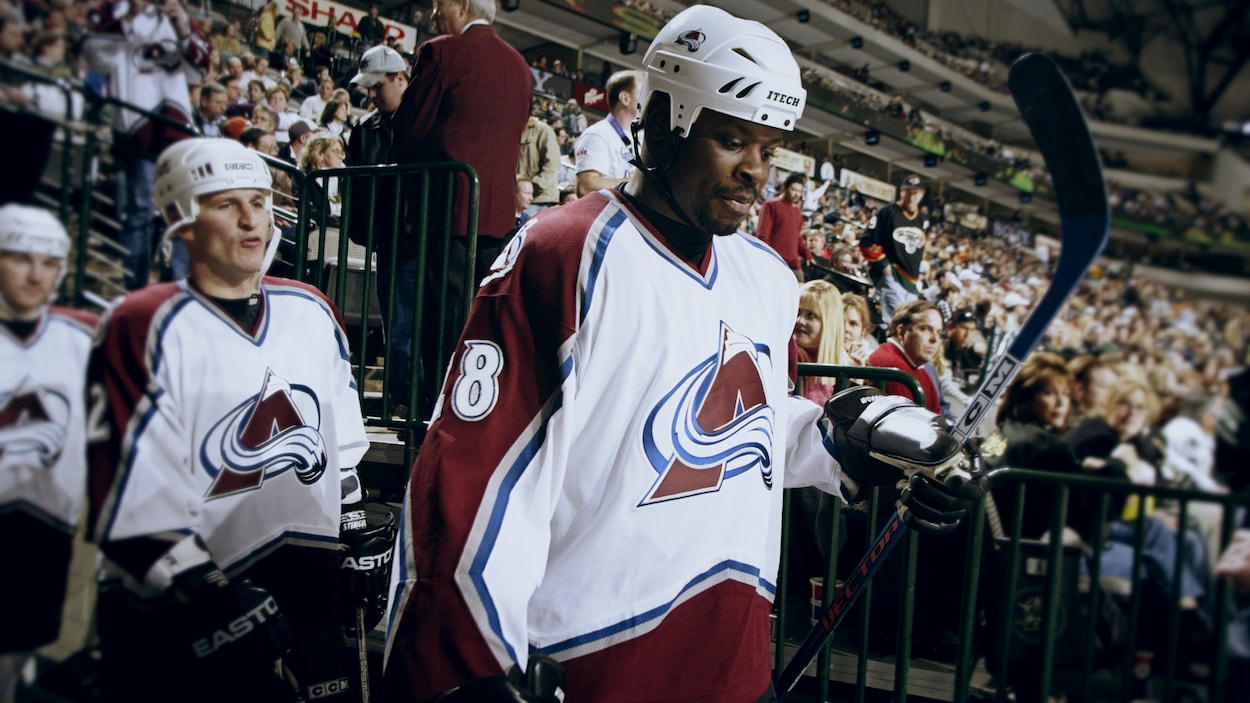 Peter Worrell s'apprête à sauter sur la patinoire avec l'Avalanche du Colorado, en janvier 2004. Peter Worrell s'apprête à sauter sur la patinoire avec l'Avalanche du Colorado, en janvier 2004.