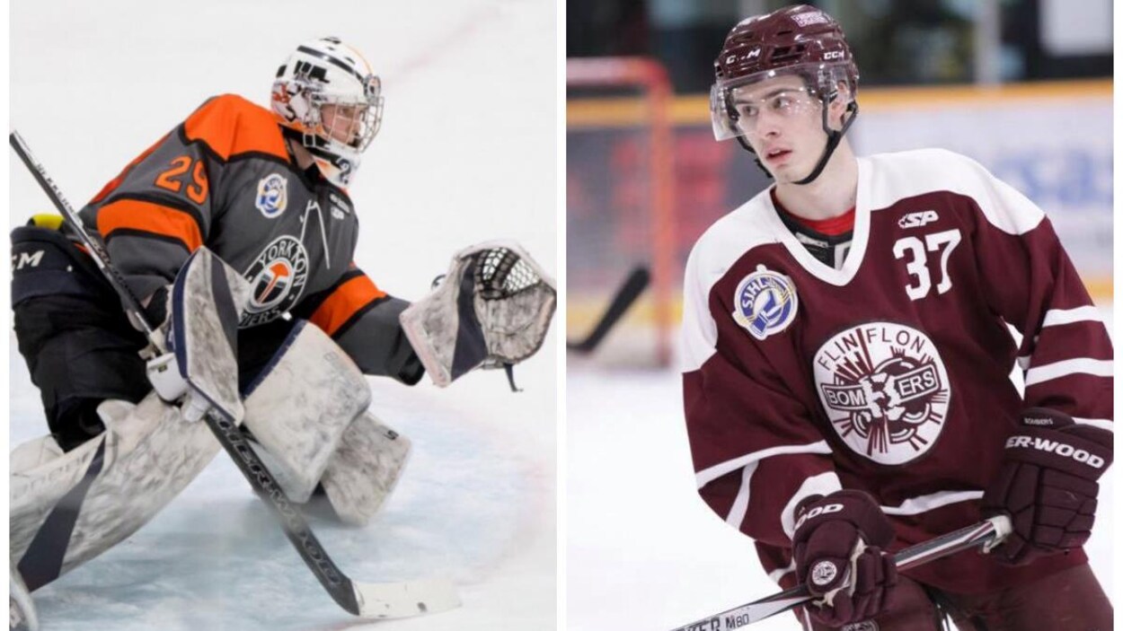 Montage avec deux photos montrant des joueurs de hockey en action.