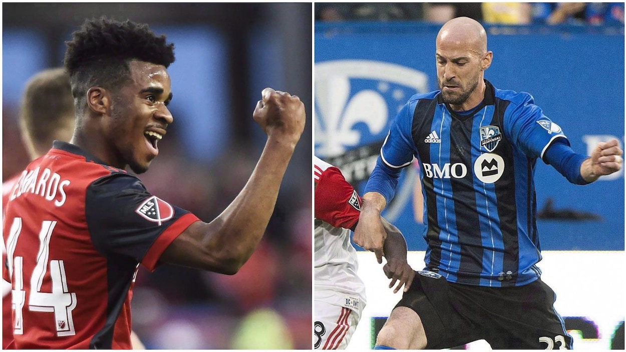 Image double montrant Raheem Edwards avec le Toronto FC, le poing levé et le sourire aux lèvres, ainsi que Laurent Ciman avec l'Impact de Montréal disputant le ballon à un adversaire. Image double montrant Raheem Edwards avec le Toronto FC, le poing levé et le sourire aux lèvres, ainsi que Laurent Ciman avec l'Impact de Montréal disputant le ballon à un adversaire.