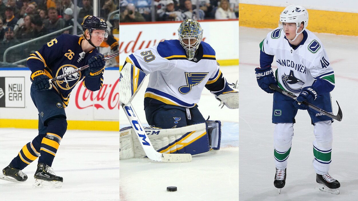 Le défenseur des Sabres de Buffalo Rasmus Dahlin, le gardien des Blues de Saint Louis Jordan Binnington et l'attaquant des Canucks de Vancouver Elias Pettersson
