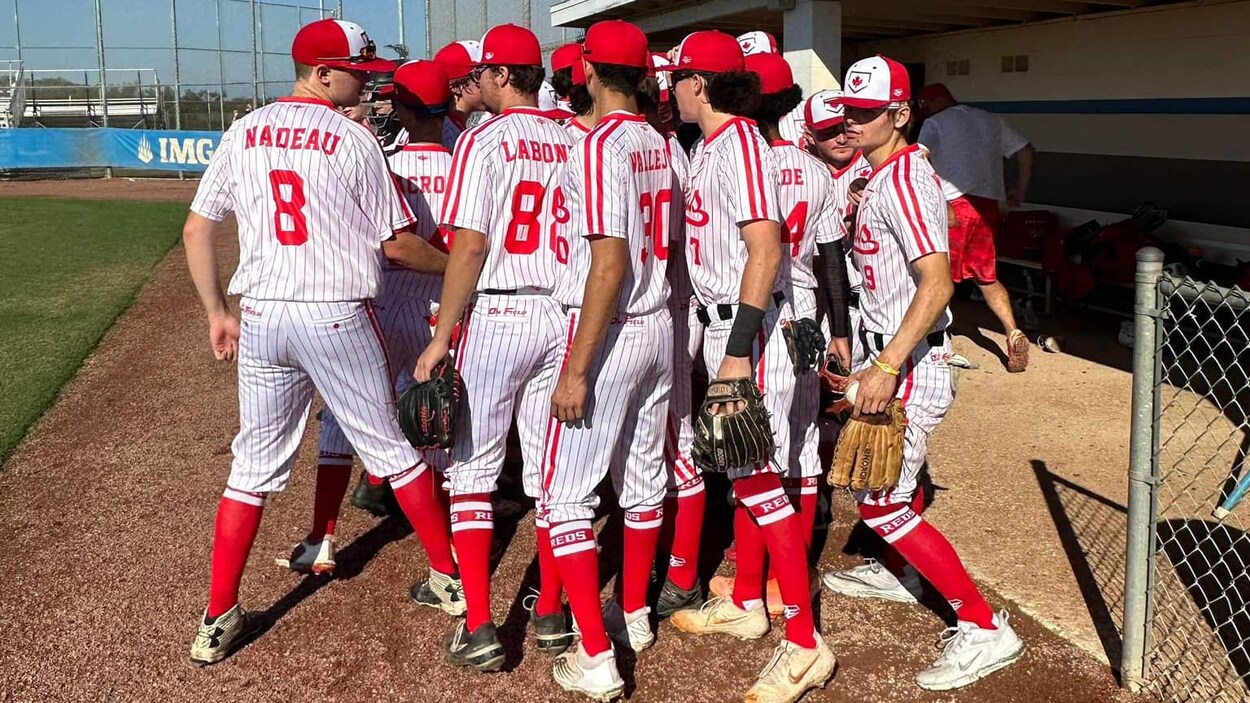 Des joueurs de baseball célèbrent ensemble près de leur banc d'équipe.