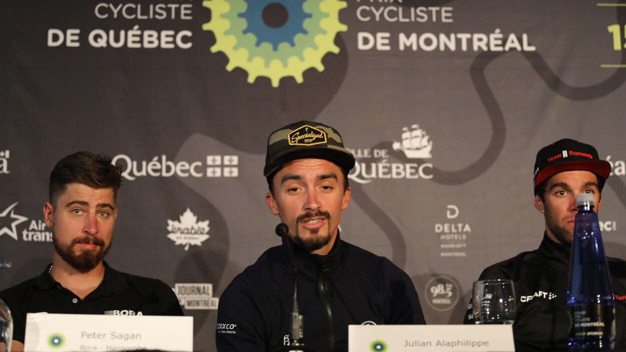Peter Sagan, Julien Alaphilippe et Michael Matthews en conférence de presse