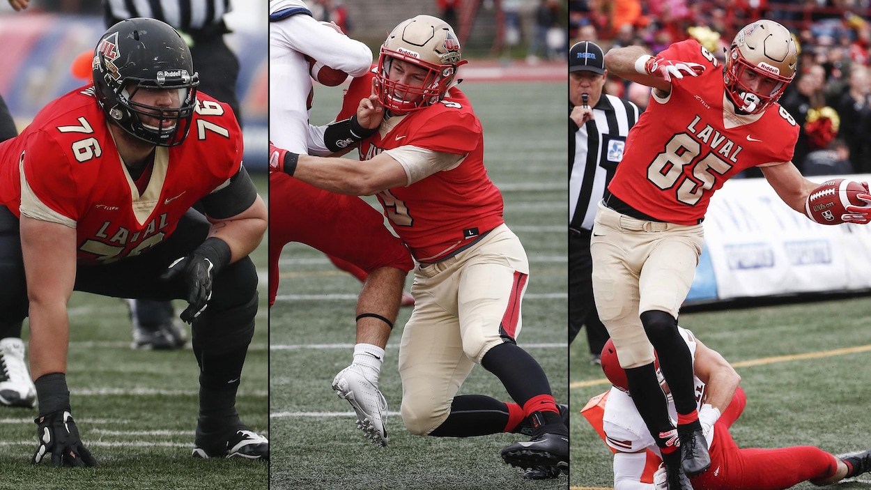 Les joueurs Samuel Thomassin, Mathieu Betts et Alexandre Savard du Rouge et Or