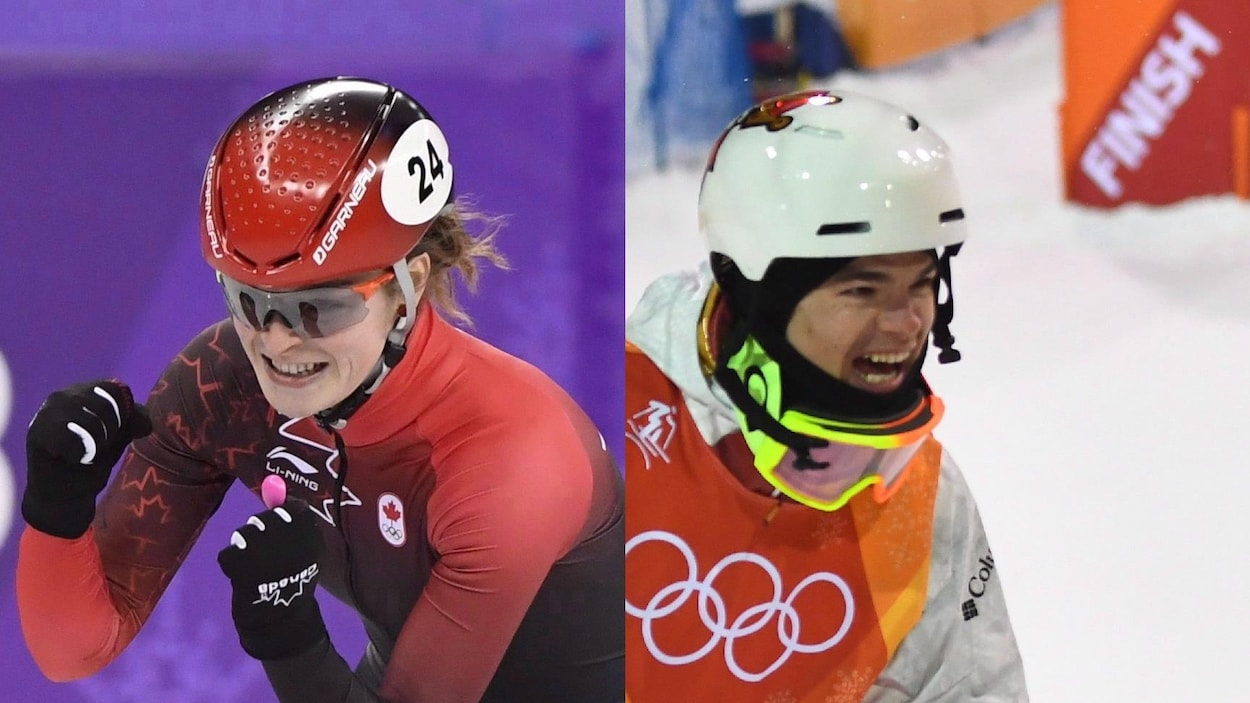 Kim Boutin (à gauche) et Mikaël Kingsbury célèbrent leurs réussites respectives aux Jeux olympiques de Pyeongchang. Kim Boutin (à gauche) et Mikaël Kingsbury célèbrent leurs réussites respectives aux Jeux olympiques de Pyeongchang.