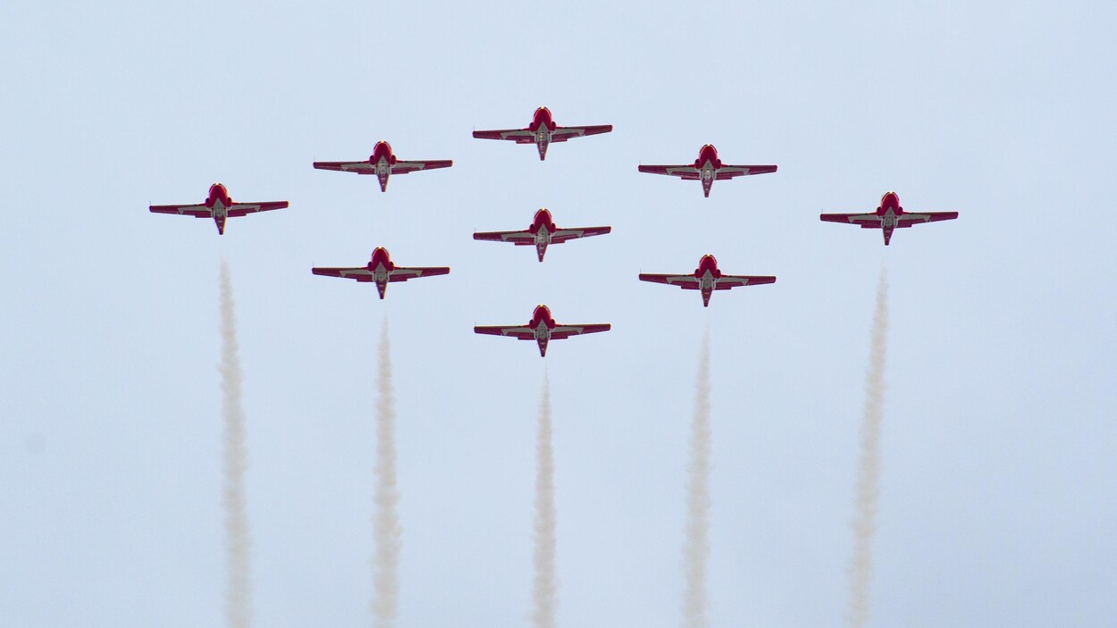 Neuf avions volent en formation dans le ciel.