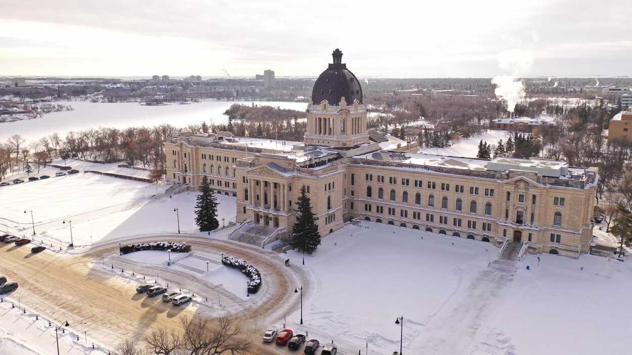 Vue aérienne du Palais législatif de la Saskatchewan, à Regina, en février 2022.