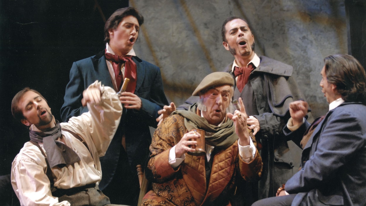 Joseph Rouleau en 2006 dans une production de La Bohème de Puccini; il est entouré d'Étienne Dupuis, d'Alexandre Dobson, d'Alain Coulombe, de Marc Hervieux.