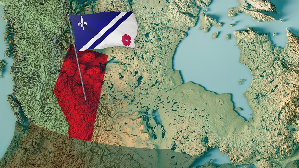 Carte du Canada avec l'Alberta en surbrillance; le drapeau franco-albertain « flotte » au-dessus de la province.