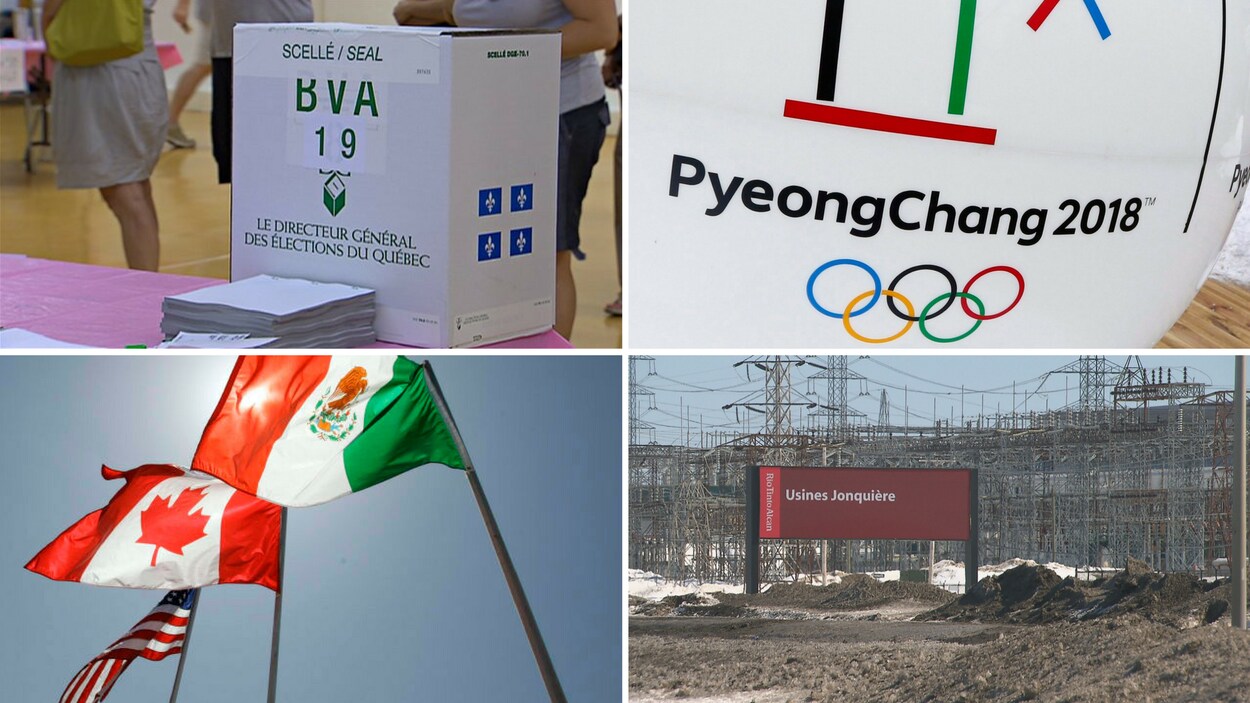 Un bureau de vote, le logo des Jeux olympiques, les drapeaux des pays membres de l'ALENA et l'usine de Rio Tinto à Arvida. Un bureau de vote, le logo des Jeux olympiques, les drapeaux des pays membres de l'ALENA et l'usine de Rio Tinto à Arvida.