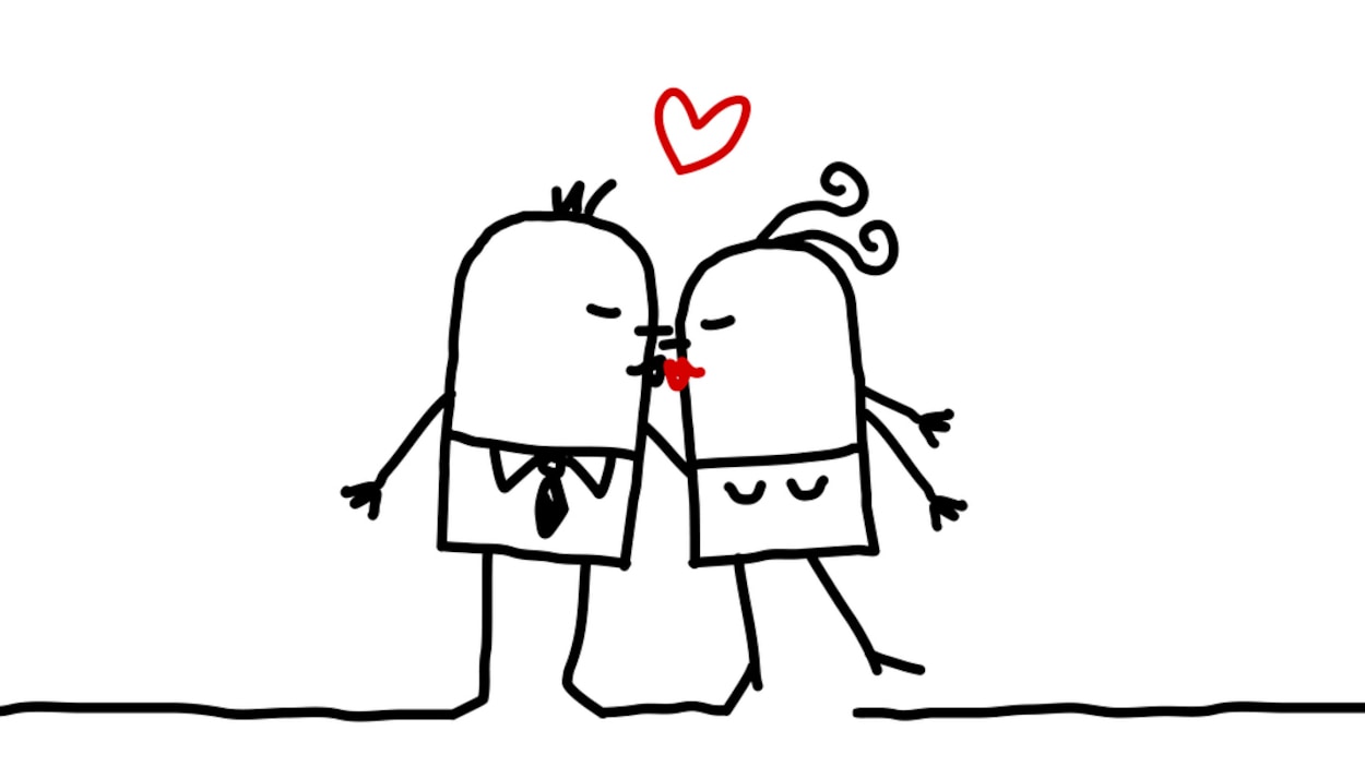 Deux petits personnages dessinés s'embrassent.