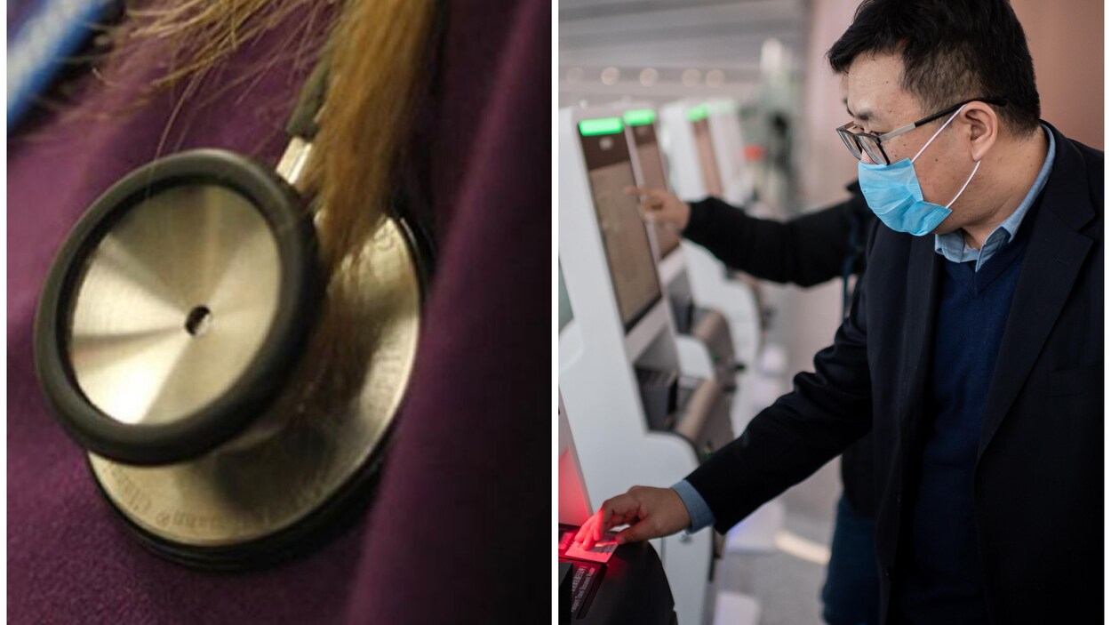 Photomontage avec d'un côté un stéthoscope et de l'autre un voyageur chinois qui pianote sur une machine.
