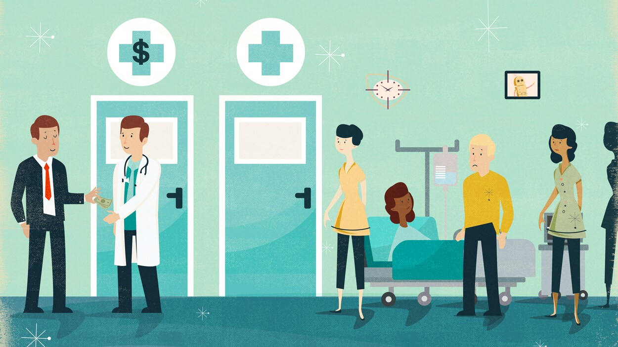Illustration montrant la file dans une urgence d'hôpital. Un homme bien habillé paye le médecin pour aller plus vite.
