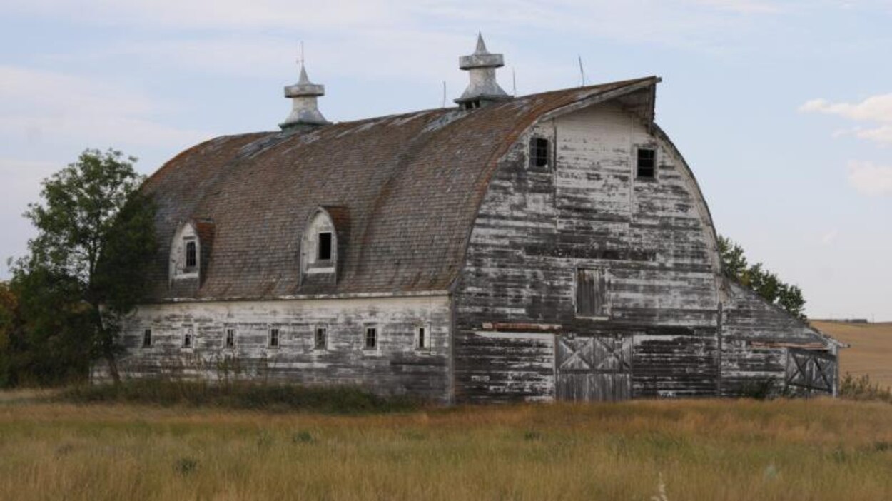 Vue d'une grange abandonnée, seule dans un champ de la Saskatchewan.