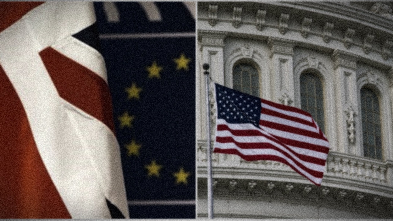 Montage photo incluant les drapeaux du Royaume-Uni, de l'Union européenne et des États-Unis Montage photo incluant les drapeaux du Royaume-Uni, de l'Union européenne et des États-Unis