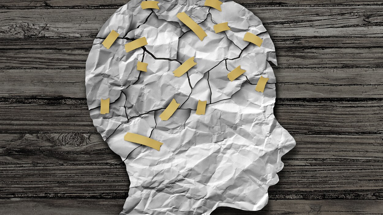 Une feuille découpée en morceaux représentant une tête et un cerveau.