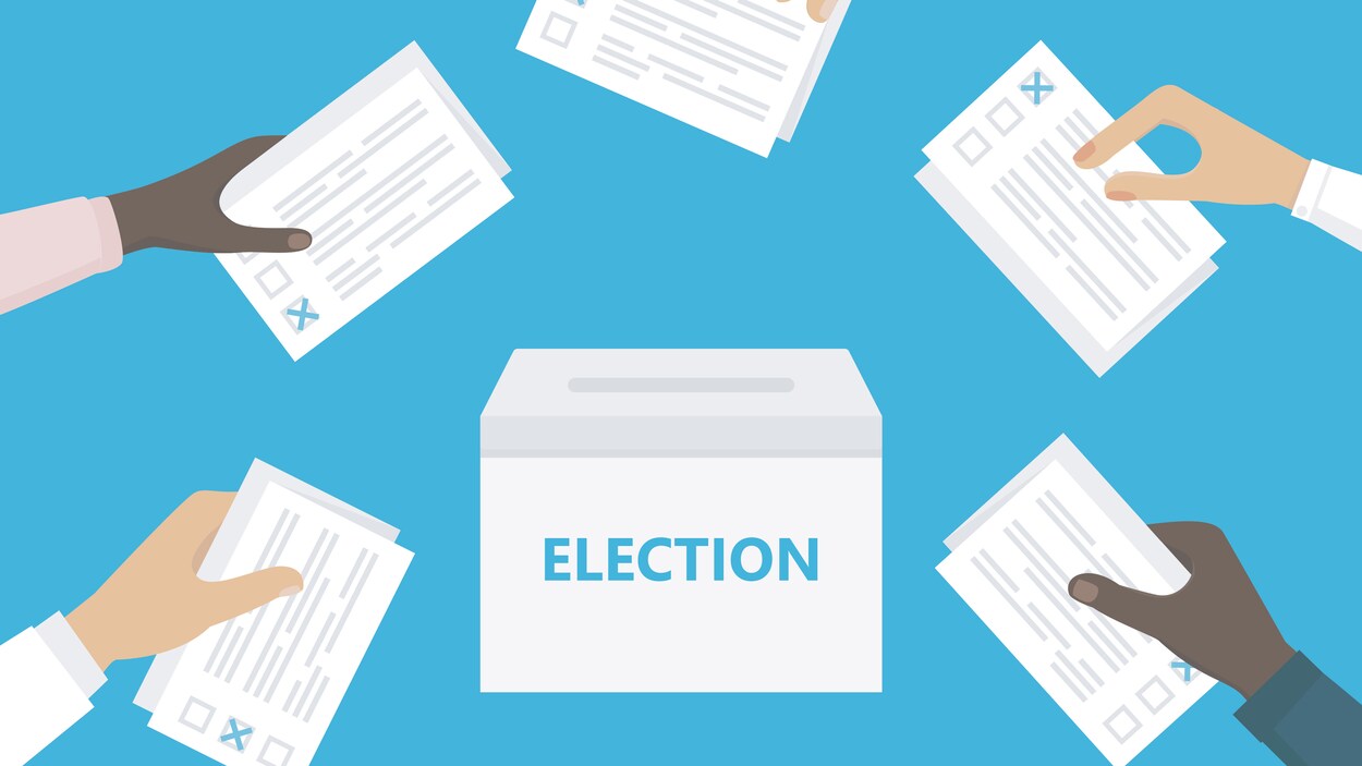 Personnes détenant des bulletins de vote dans leurs mains et leur mise en boîte.