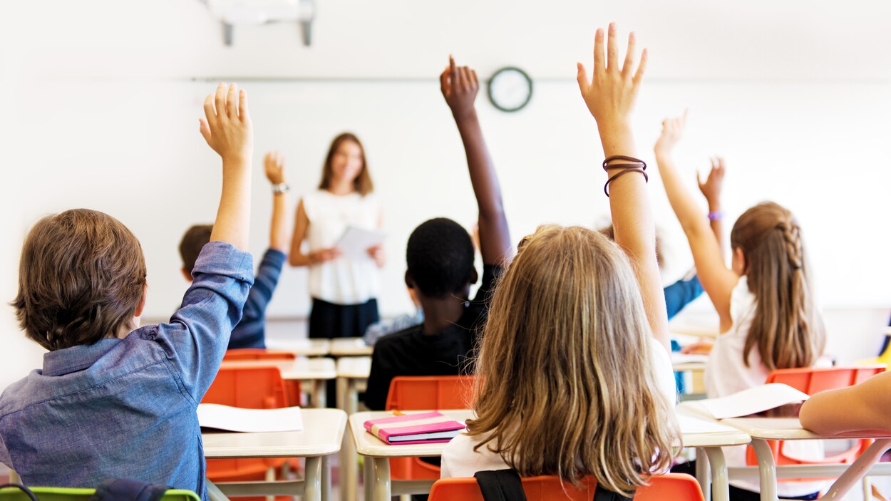 Des étudiants dans une classe lèvent la main pour poser une question au professeur. Des étudiants dans une classe lèvent la main pour poser une question au professeur.