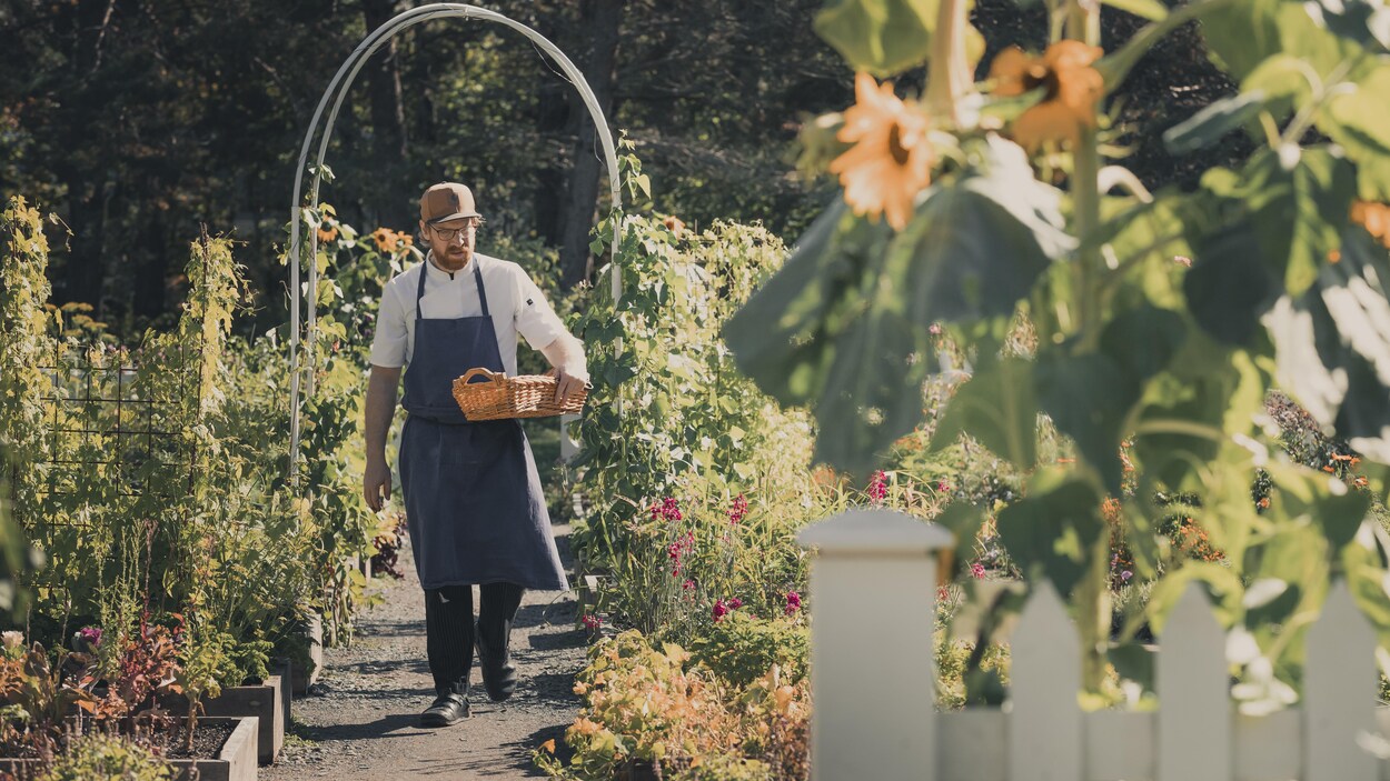 Une personne marche dans les jardins.