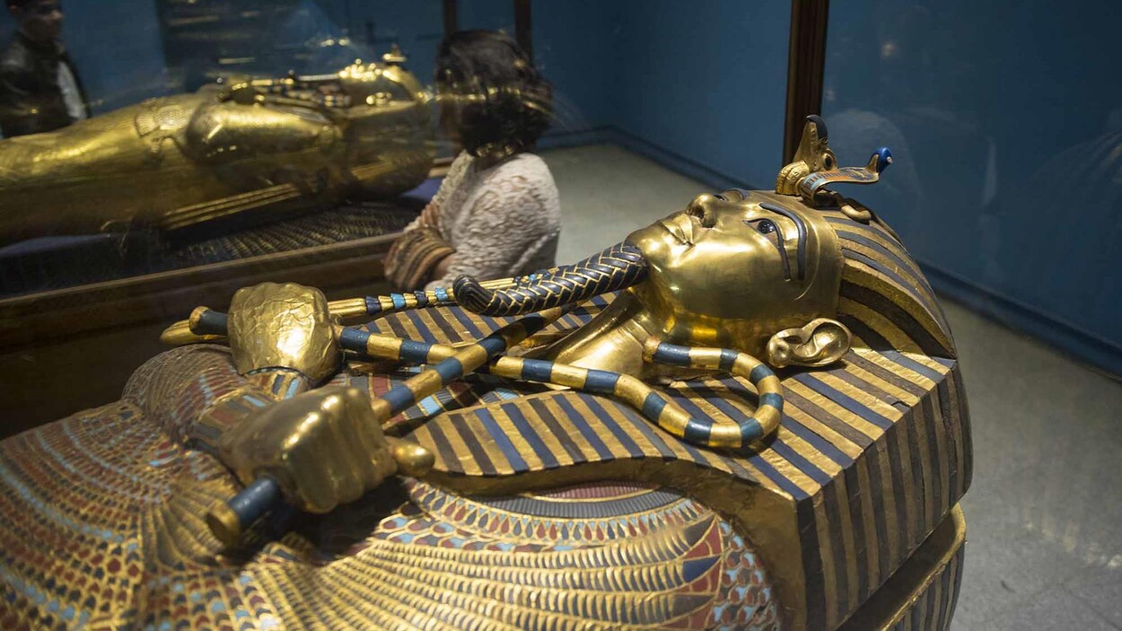 Un sarcophage égyptien est exposé dans un musée.