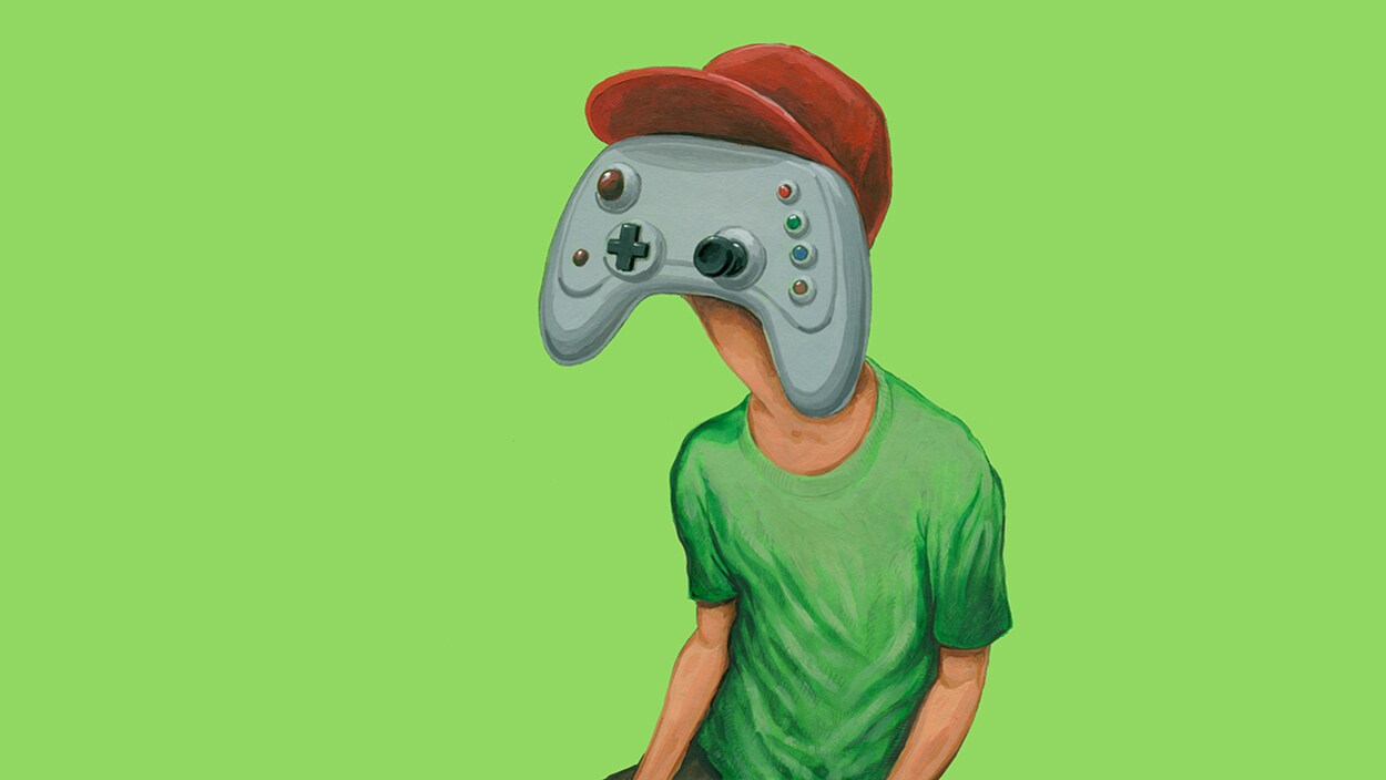 Illustration d'un jeune homme dont la tête est une manette de jeux vidéo.