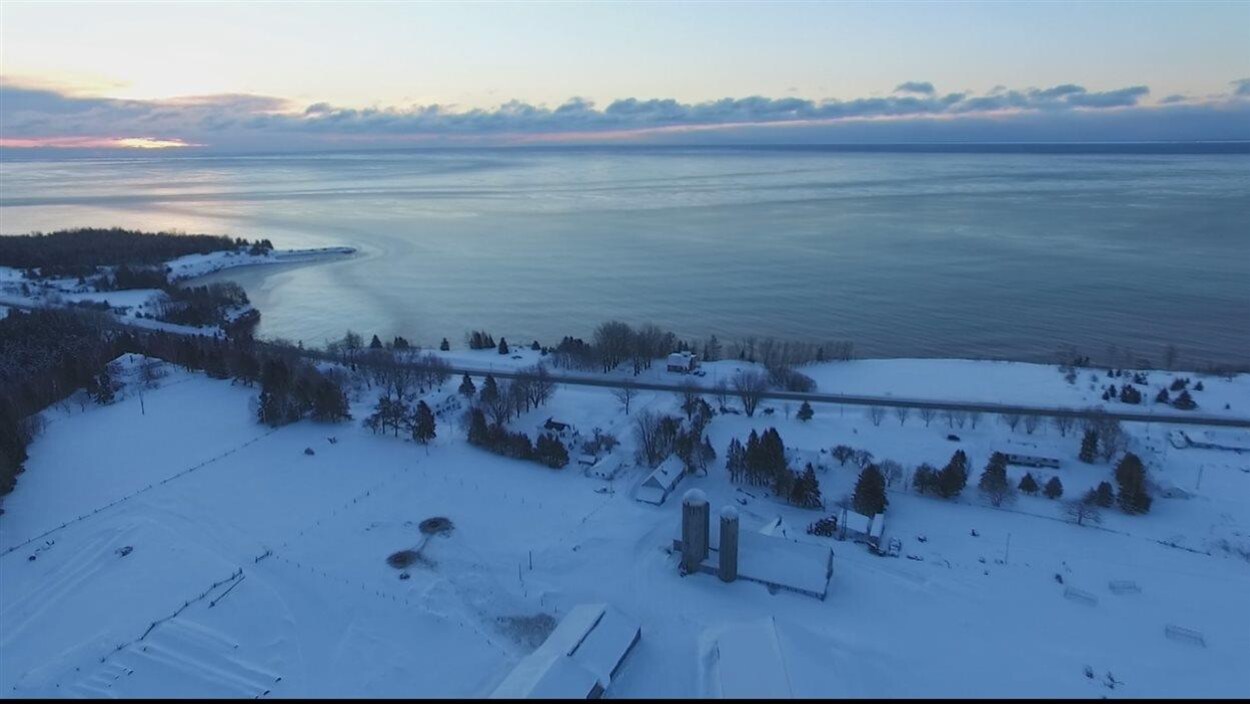 Paysage hivernal avec vue sur une ferme laitière.