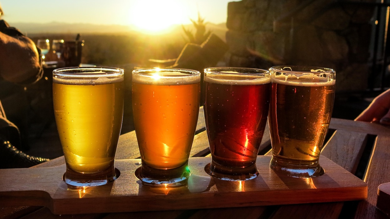 Quatre verres de bière en palette de dégustation sur fond de coucher de soleil.