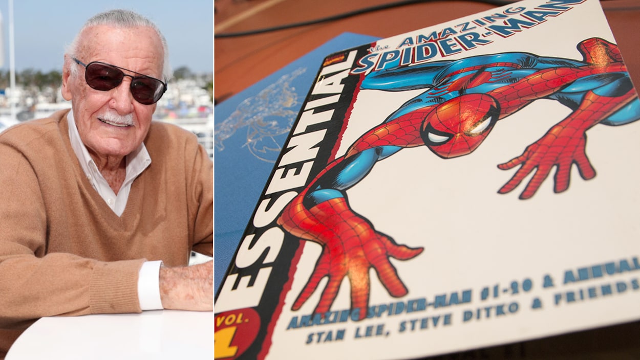 Stan Lee et la couverture d'un numéro de la série de bande dessinée Spider-Man Stan Lee et la couverture d'un numéro de la série de bande dessinée Spider-Man
