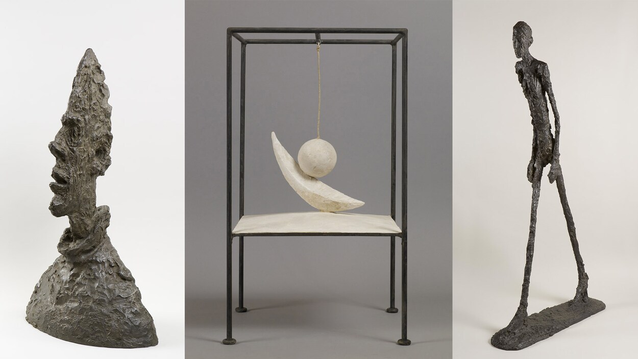 Il s'agit d'un montage de photos comprenant trois sculptures de Giacometti soit Grande tête mince, la Boule suspendue et l'homme qui marche. Il s'agit d'un montage de photos comprenant trois sculptures de Giacometti soit Grande tête mince, la Boule suspendue et l'homme qui marche.