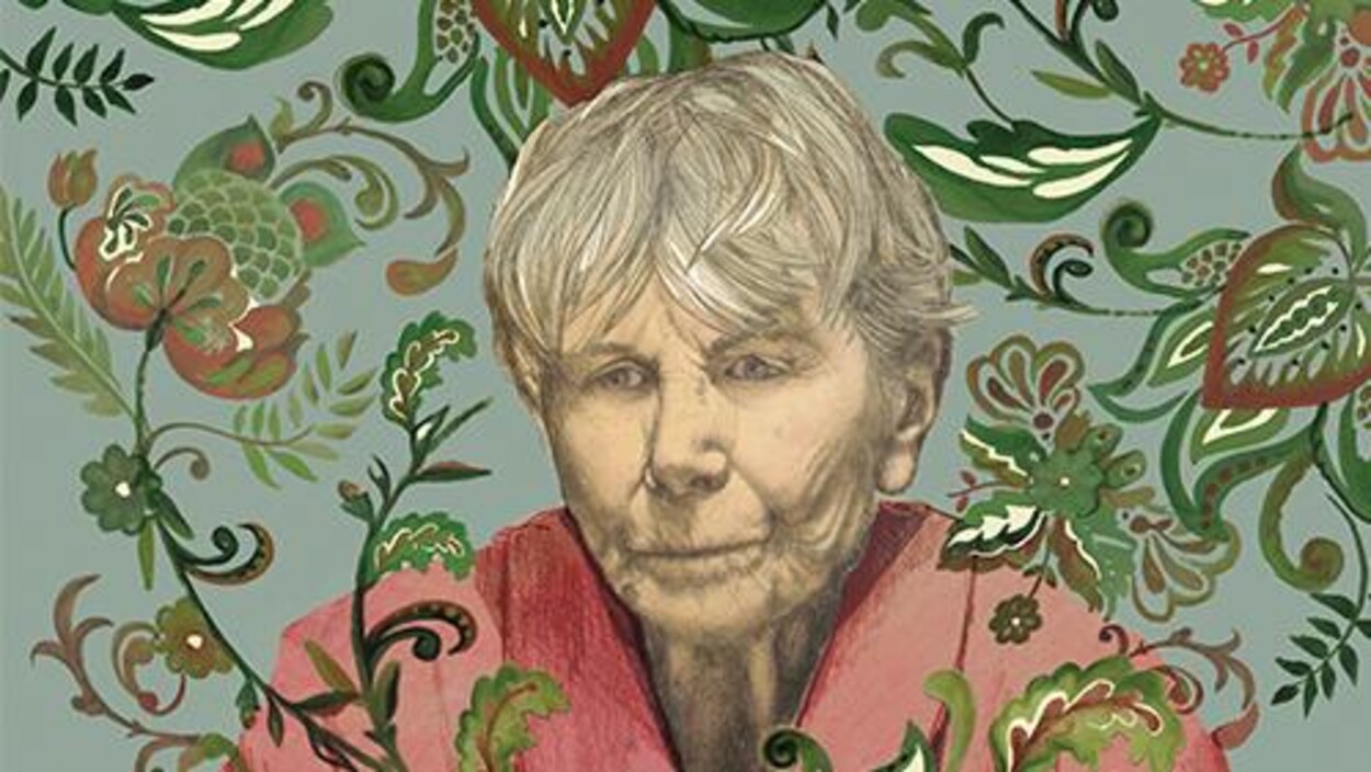 Une illustration du visage de Béatrice Picard, qui joue le personnage de Marguerite, avec un fond vert-gris et des dessins de feuilles.