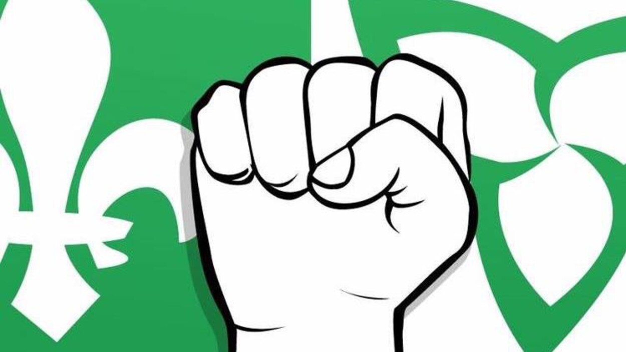 Dessin du drapeau franco-ontarien avec au centre un poing levé comme un signe de résistance.