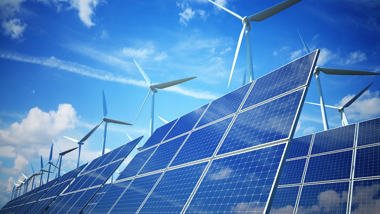Panneaux solaires et éoliennes sous un ciel bleu.