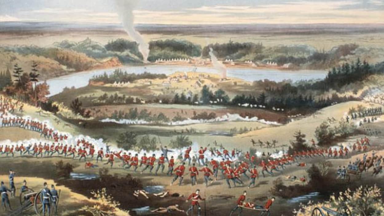 La prise de Batoche par Grundy. La toile représente des militaires canadiens en grand nombre, vêtus de leurs uniformes rouges, attaquant des Métis dont les corps meurtris reposent au sol. Au loin, des volutes de fumée.