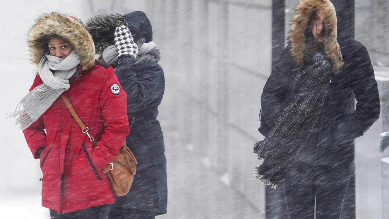 Des personnes emmitouflées dans leurs habits de neige sont assaillies par une forte neige.