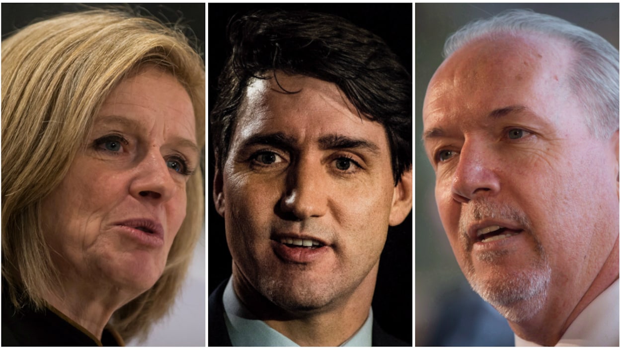 Un collage avec de gauche à droite un portrait de Rachel Notley, Justin Trudeau et John Horgan. Un collage avec de gauche à droite un portrait de Rachel Notley, Justin Trudeau et John Horgan.