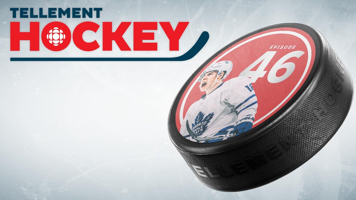 Logo Tellement Hockey et Rondelle sur laquelle sont imprimés les numéros 46 et une photo de Mitch Marner