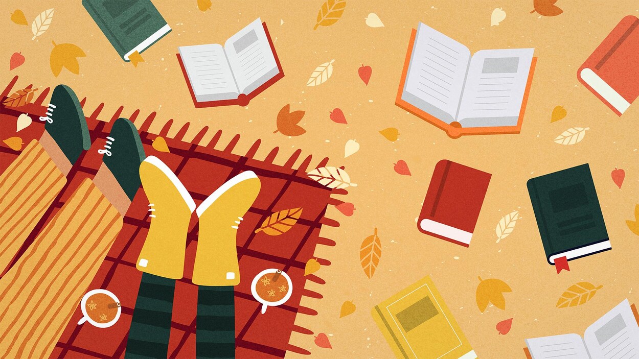 Une illustration d'un couple sur une couverture à l'extérieur entourée de livres et de feuille d'arbres.