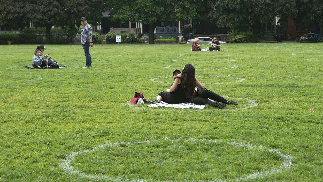 Des personnes sont assises à l'intérieur de cercles peints sur la pelouse d'un parc.