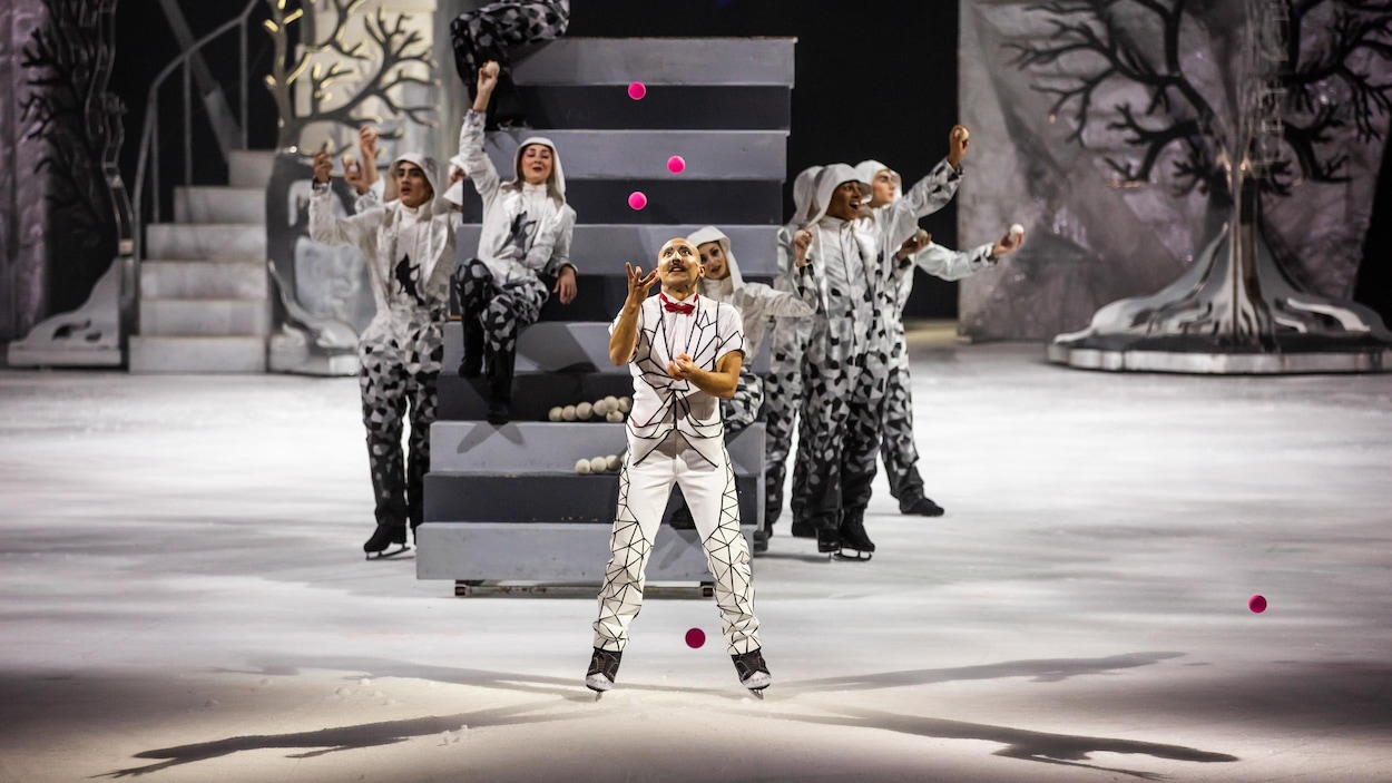 Des patineurs lors d'une représentation de « Crystal » du Cirque du Soleil don un patineur qui jongle en premier plan.