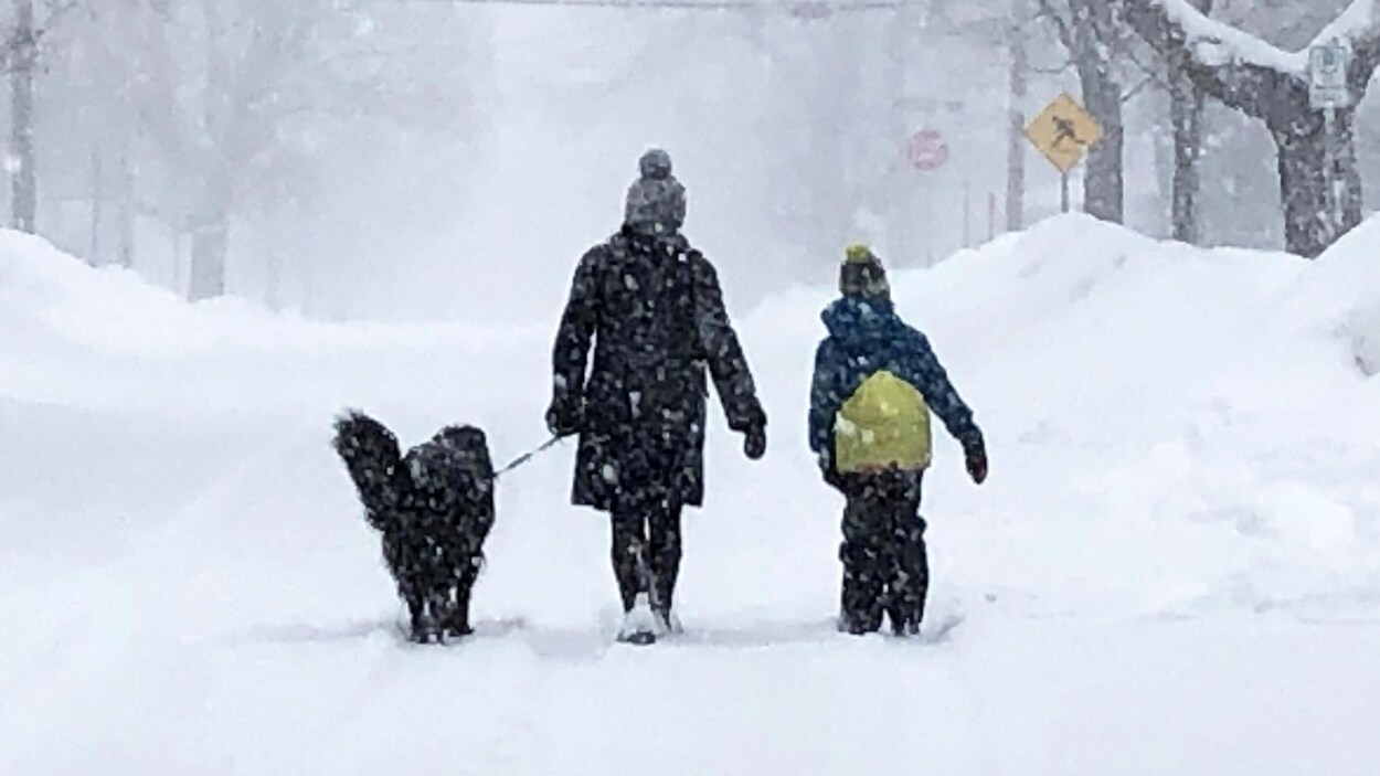 Une femme et un enfant accompagnés d'un chien marchent dans une rue enneigée pendant une tempête de neige.